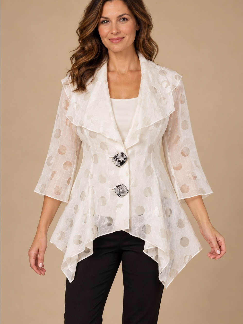 IC COLLECTION Ivory Polka Dot Asymmetric Button-Front Jacket